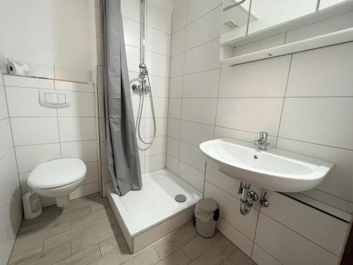 uma casa de banho com um lavatório, um WC e um chuveiro em Ferienpark Sierksdorf App 561 - Strandlage em Sierksdorf