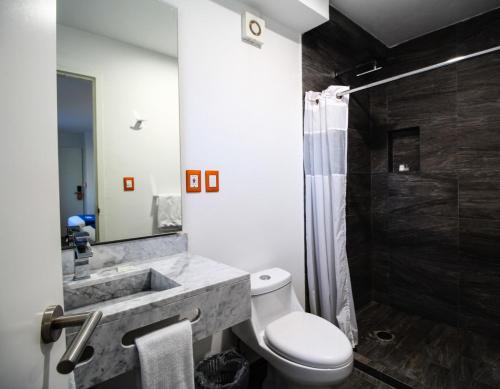 Hotel Star Express Puebla في بوبلا: حمام مع مرحاض ومغسلة ودش