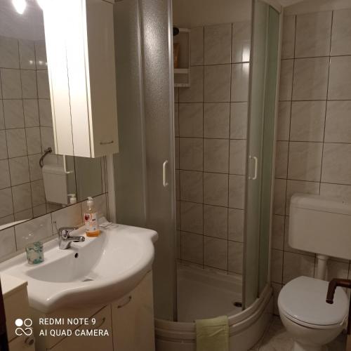 a bathroom with a sink and a toilet and a shower at Studio Cres in Cres