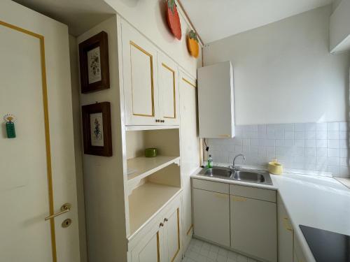 平佐洛的住宿－030 Trilocale, Pinzolo，小厨房配有白色橱柜和水槽