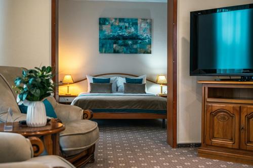 a hotel room with a bed and a flat screen tv at Hotel Trotuş in Onești