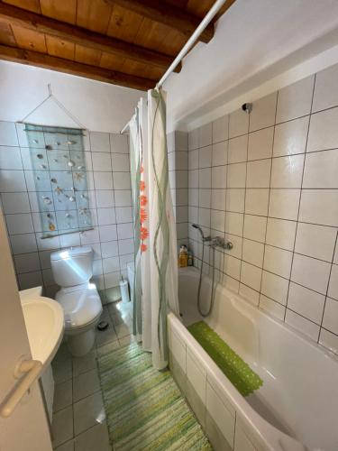 łazienka z wanną, toaletą i umywalką w obiekcie Cycladic style Maisonette with staggering sea view w mieście Agios Sostis Mykonos