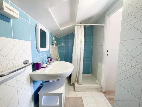 ein Bad mit einem Waschbecken und einer Dusche in der Unterkunft Terrazza Marina in Torre di Montalto