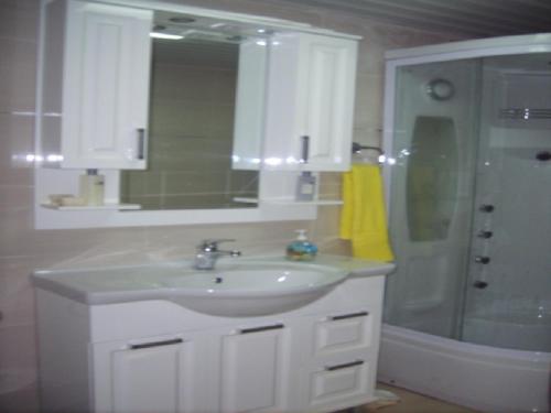 a white bathroom with a sink and a shower at Bujic Apartment in Petrovac na Moru