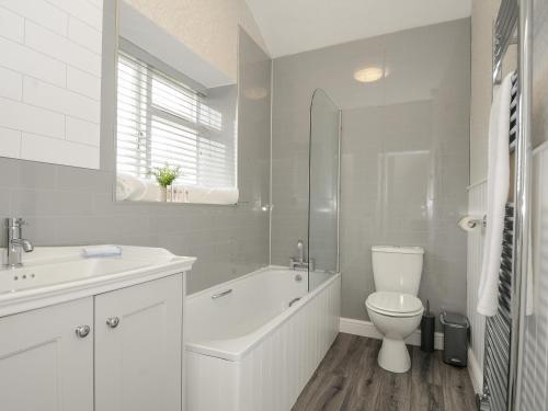 a white bathroom with a toilet and a sink at Carvannel Cottages in Camborne