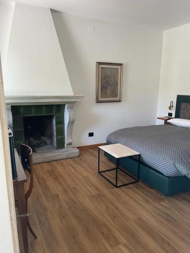 a bedroom with a bed and a fireplace at VILLA MARGHERITA in Pieve di Soligo