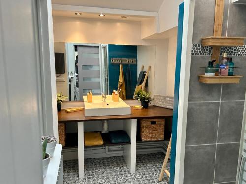 une salle de bain avec un lavabo et un miroir dans l'établissement Rev d’Opale, à Wimereux