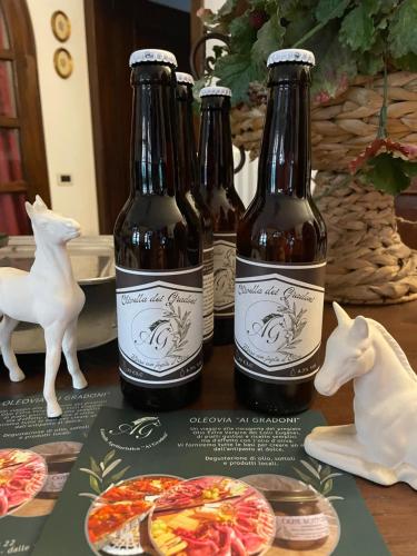 three bottles of beer sitting on top of a table at Agriturismo Ai Gradoni in Teolo