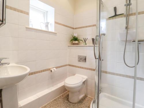 a bathroom with a toilet and a sink and a shower at The Old Dairy Cottage in Dartford