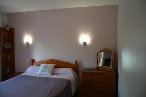 1 dormitorio con cama, tocador y espejo en Chambre d'hôtes de la tuilerie, en Rion-des-Landes