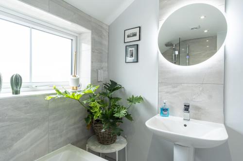 a white bathroom with a sink and a mirror at Sparkenhoe House in Hugglescote