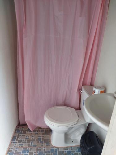 a bathroom with a pink shower curtain and a toilet at Guest House Nena in Moyogalpa