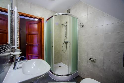 y baño con ducha, lavabo y aseo. en Otulina Park, en Krościenko nad Dunajcem