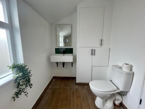 a white bathroom with a toilet and a sink at 3 Bedroom Spacious House in Cardiff in Cardiff