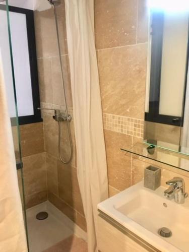 une salle de bain avec douche et lavabo dans l'établissement Studio terrasse. A 50m de la plage Sablettes, à Menton