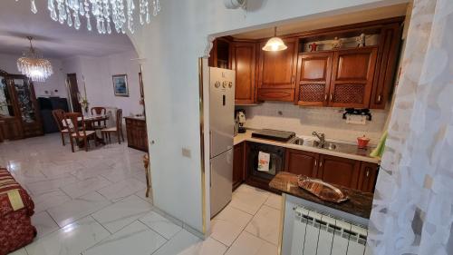 cocina con fregadero y nevera en Casina Della Nonna appartamento esclusivo con Parcheggio e Terrazza, en Lariano