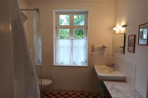 een badkamer met een wastafel en een raam bij Bernsteinstube Wolf in Hermannsburg