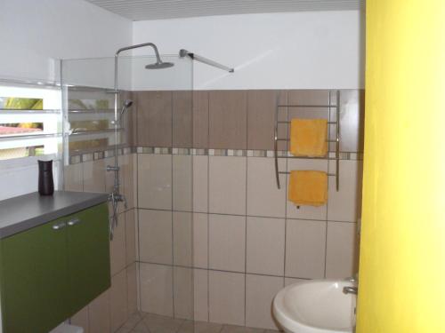 La salle de bains est pourvue d'une douche, d'un lavabo et de toilettes. dans l'établissement Villa Ducos, à Ducos