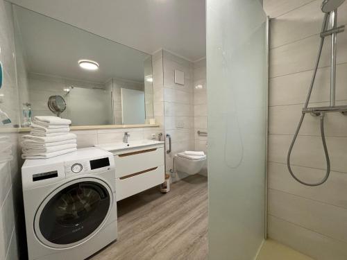 a bathroom with a washing machine and a toilet at Apartment 10 in Wilhelmshaven