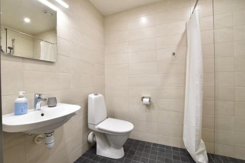 W łazience znajduje się umywalka, toaleta i lustro. w obiekcie Stylish Studio with Free Private Parking & Wi-Fi w Tallinnie