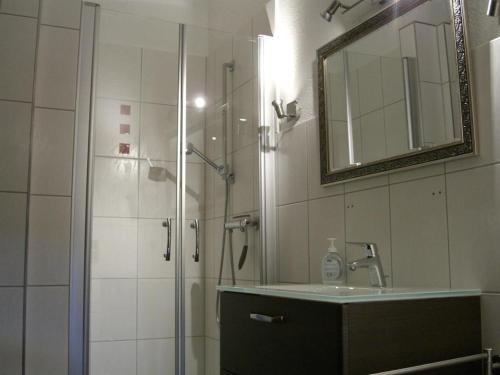 a bathroom with a shower and a sink and a mirror at Ferienwohnung Hartmann in Hermannsburg