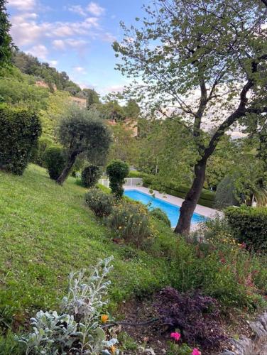 une piscine au milieu d'un jardin dans l'établissement Appartement Terrasse, à Grasse