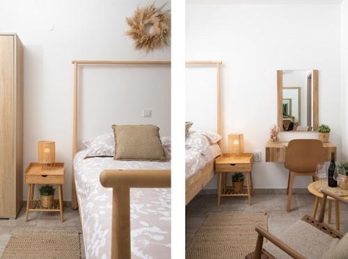 two pictures of a bedroom with a bed and a mirror at Apartments and rooms Jakić in Medulin