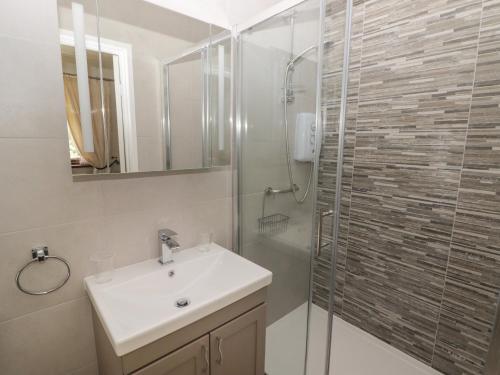 La salle de bains est pourvue d'un lavabo et d'une douche en verre. dans l'établissement Swn Y Nant, à Tondu