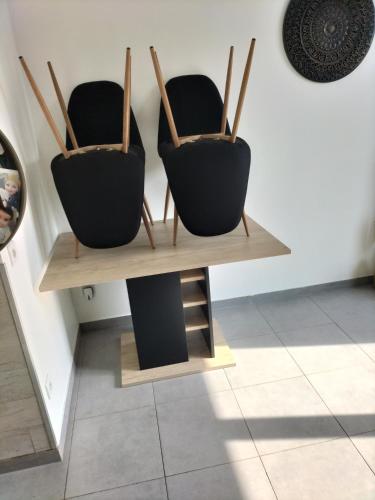 2 chaises assises sur une étagère dans une pièce dans l'établissement Hébergement 24h le mans, au Mans