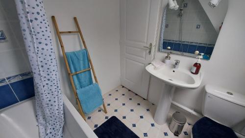 a small bathroom with a sink and a mirror at Gite NATURALLY CALM in Montbray