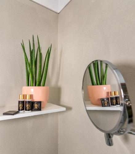a bathroom with a mirror and a plant at Hotel Tahiti in Viareggio