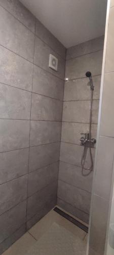 a bathroom with a shower with a shower head at Apartamenty z ogrodem nr 3 z tarasem in Mrągowo