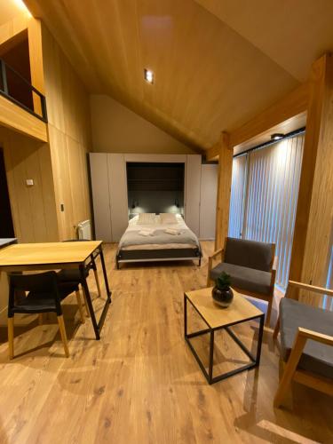 1 dormitorio con cama, mesa y sofá en Vivero 5 departamento 24 en San Martín de los Andes