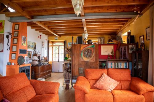 a living room with two orange chairs and a fireplace at Casa do Plátano in Cinco Ribeiras