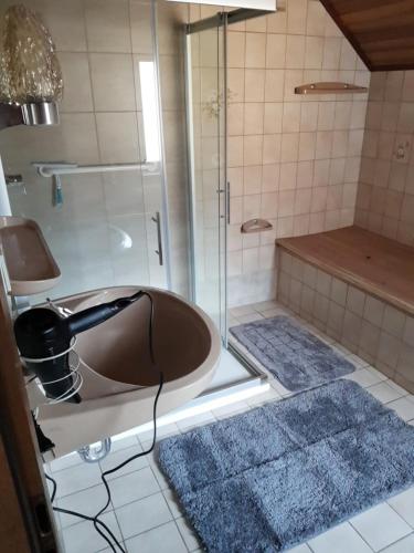 y baño con ducha, bañera y lavamanos. en Blatterlhof 