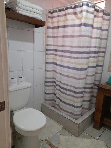 a bathroom with a toilet and a shower curtain at Cabañas Refugio Nativo in Santa Cruz