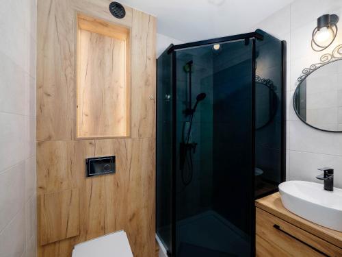 uma casa de banho com um chuveiro e um lavatório. em VISTULA two-bedroom Apartment em Plock