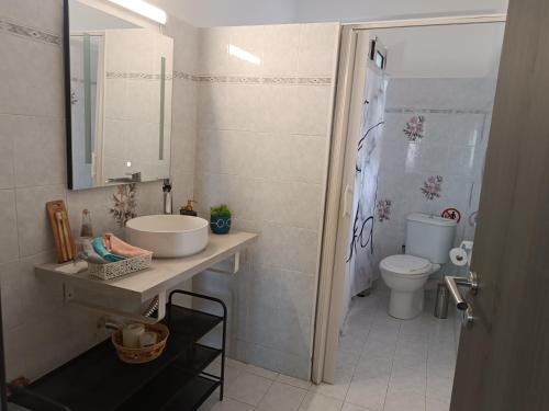 a bathroom with a sink and a toilet and a mirror at Renas home in Anavyssos