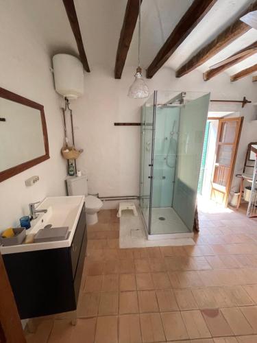 y baño con ducha acristalada y lavamanos. en Encantadora casita en el centro de Fornalutx, en Fornalutx