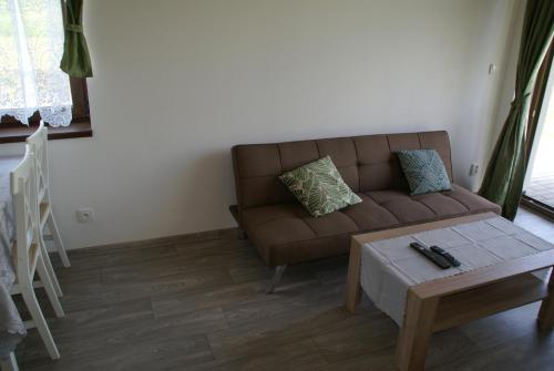 a living room with a brown couch and a coffee table at Apartmány u Olšinské kapličky in Horní Planá