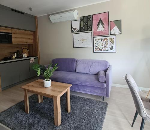 a living room with a purple couch and a table at Mostowa 23 BRUNO Apartment, self check-in 24h, free parking, air-conditioning in Poznań