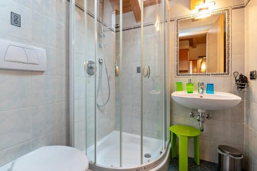 ein Bad mit einer Dusche, einem Waschbecken und einem WC in der Unterkunft Appartment Bergweg in Lajen