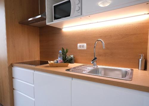 cocina con fregadero y microondas en Apartma Libris, en Koper