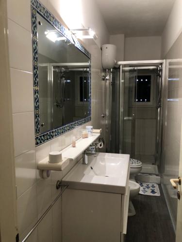bagno con lavandino, servizi igienici e specchio di La Piazzetta a Capraia