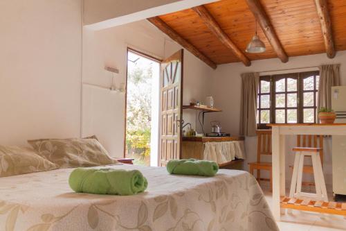 1 dormitorio con 1 cama y 2 toallas verdes en Monoambiente Colibrí en Capilla del Monte