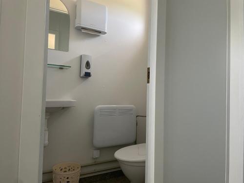 a white bathroom with a toilet and a mirror at WOMOCAMP Holzhütte 2 with shared WC in Saulkrasti