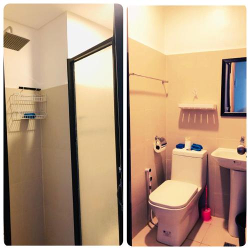 two pictures of a bathroom with a toilet and a sink at Condo at Primavera city next to SM Mall in Cagayan de Oro