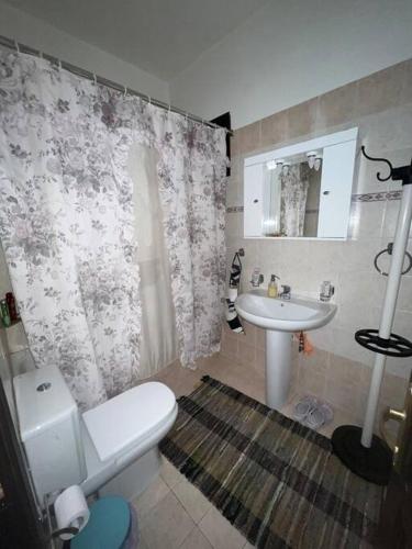 a bathroom with a white toilet and a sink at Ανάμεσα στα Έλατα in Ayía Varvára