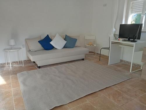 a living room with a couch with blue and white pillows at Estúdio privado 30 km Lisboa in Gradil