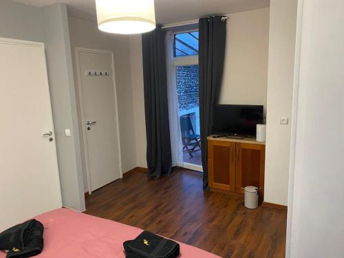a bedroom with a bed with a pink blanket and a television at Bienvenue à la Villa Plagnal Classée 3 étoiles in Aubière